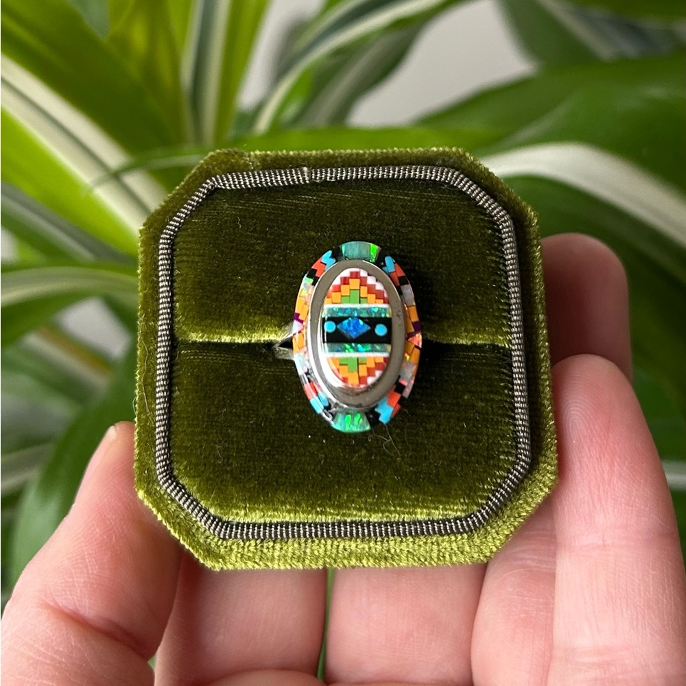 Native or Zuni style ring - sterling silver - micro mosaic inlay